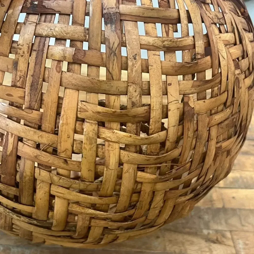 Large Vintage Hanging Basket Bowl Hand Woven Rattan Brown